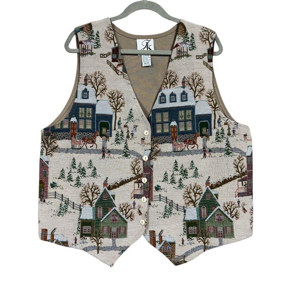Vintage JK America Winter Holiday Snow Day Tapestry Vest Sz 18 / 20